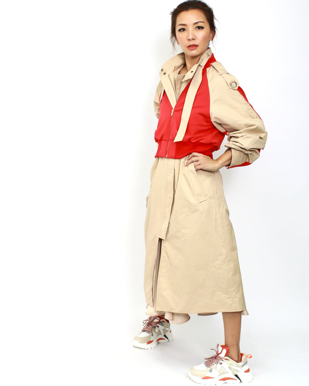 camel with red sporty contrast longline jacket *pre-order*