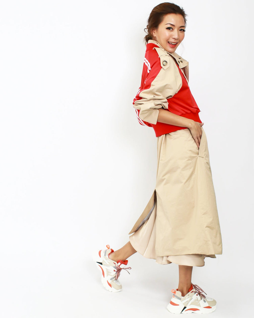 camel with red sporty contrast longline jacket *pre-order*
