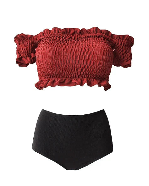 red ruched off shoulders & black high waist texture bottom bikini  *pre-order*