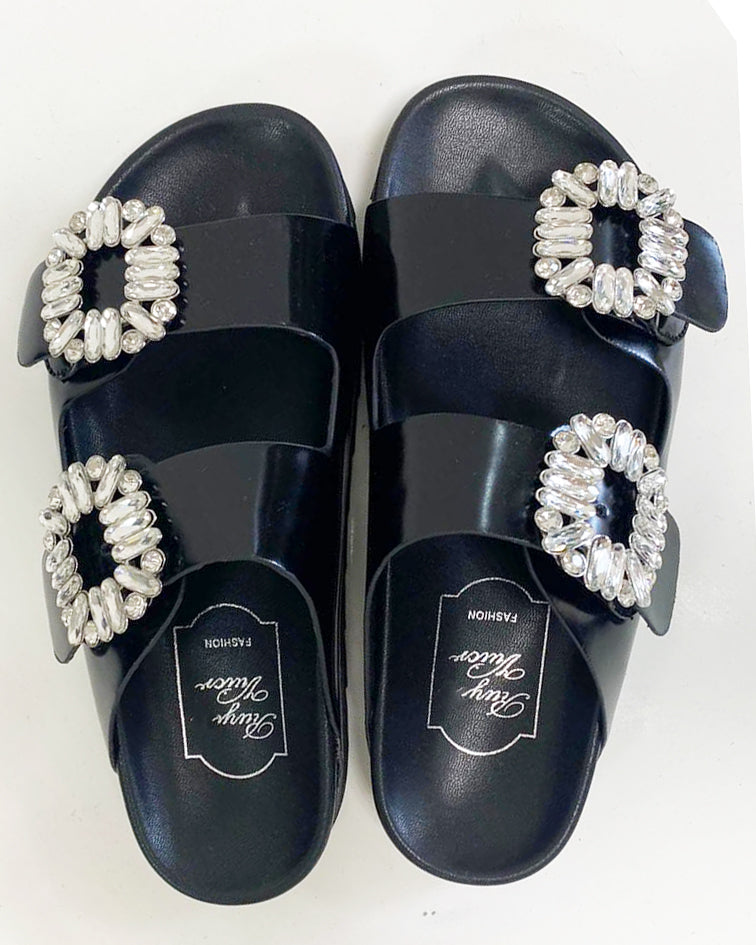 black PU leather double diamond buckles sandals *pre-order*