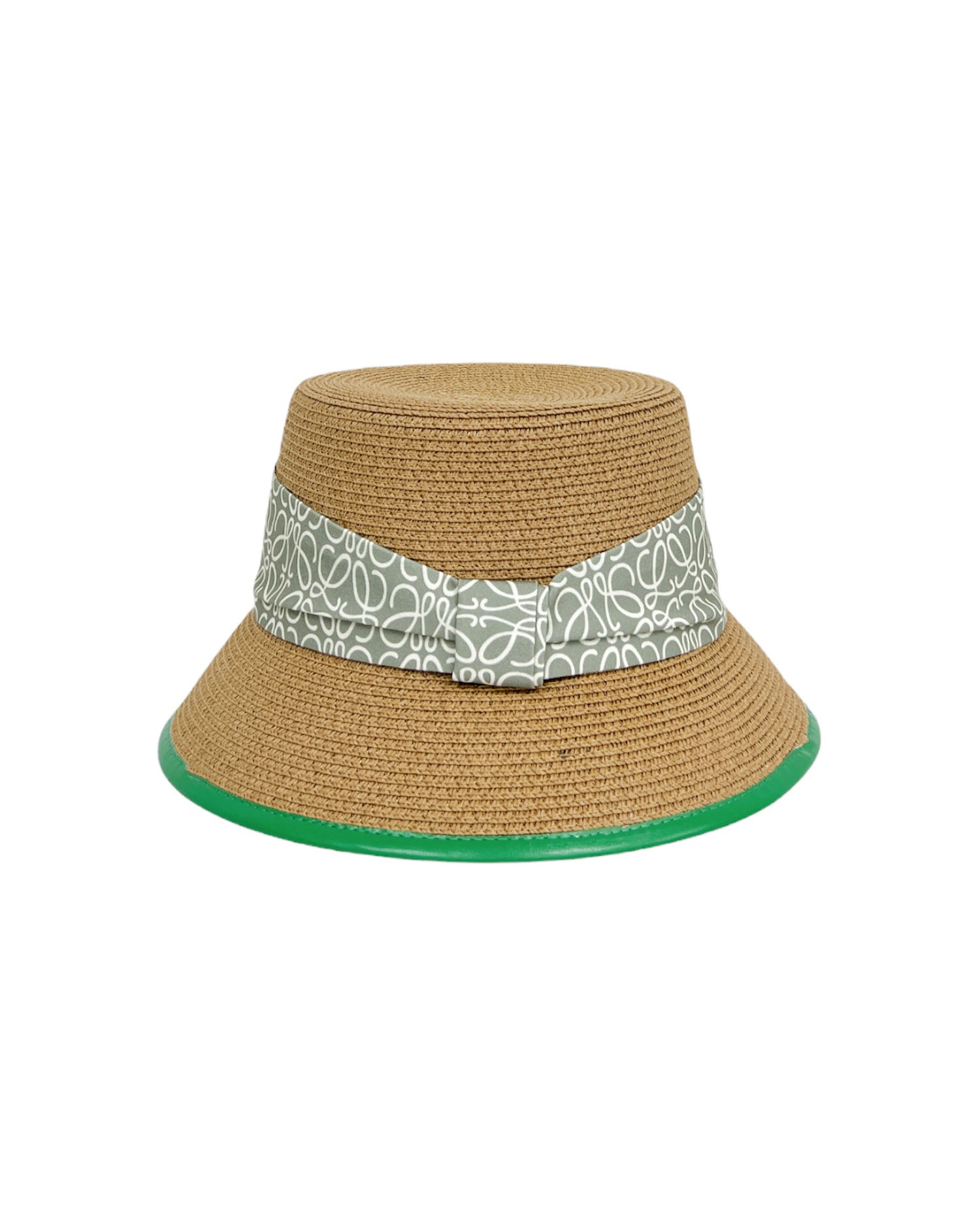 beige straw printed ribbon w/ green trim bucket hat *pre-order*