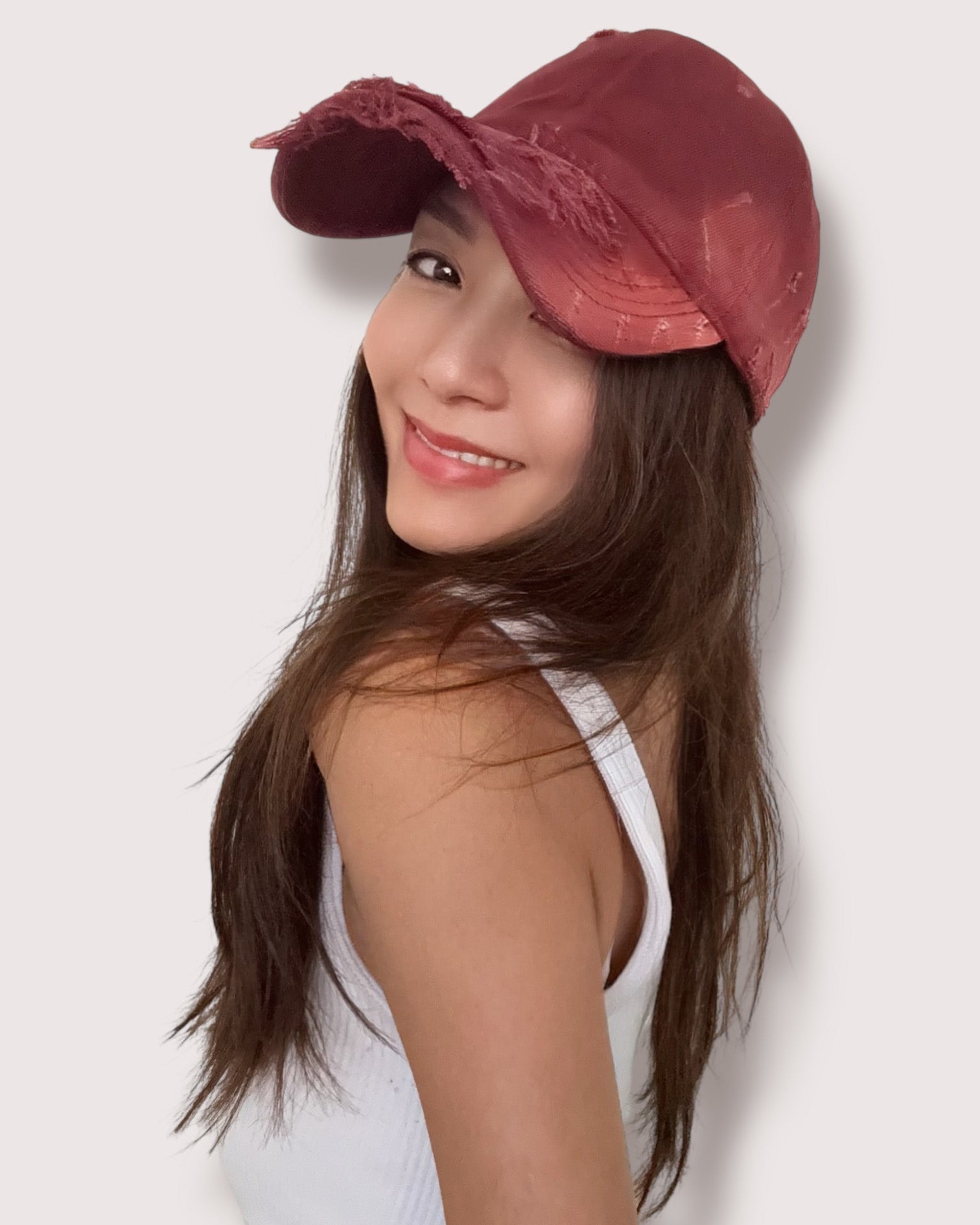 burgundy ripped denim cap *pre-order*