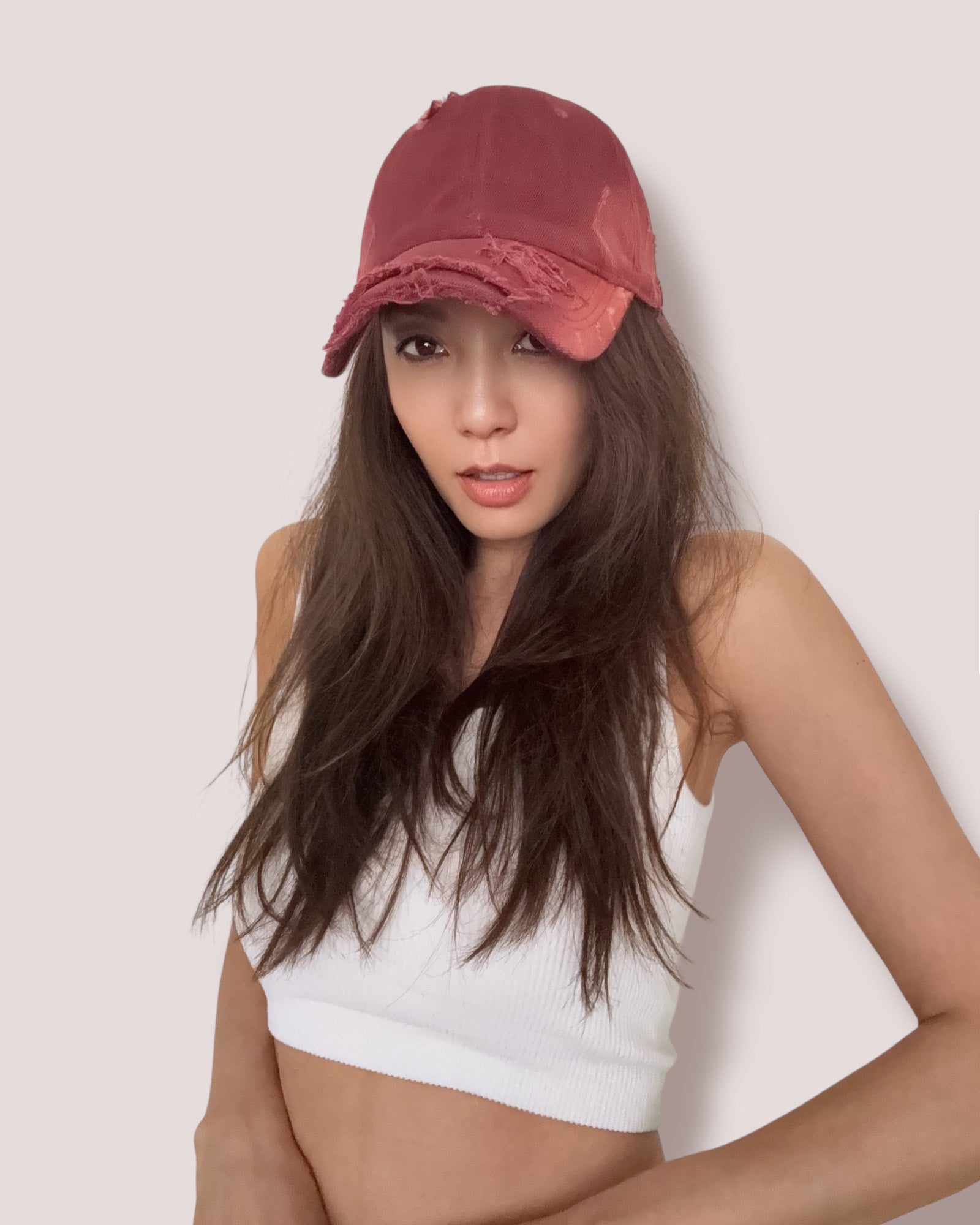 burgundy ripped denim cap *pre-order*