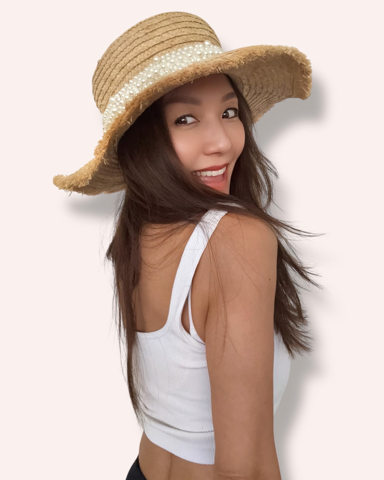 beige straw w/ pearls fadaro hat *pre-order*