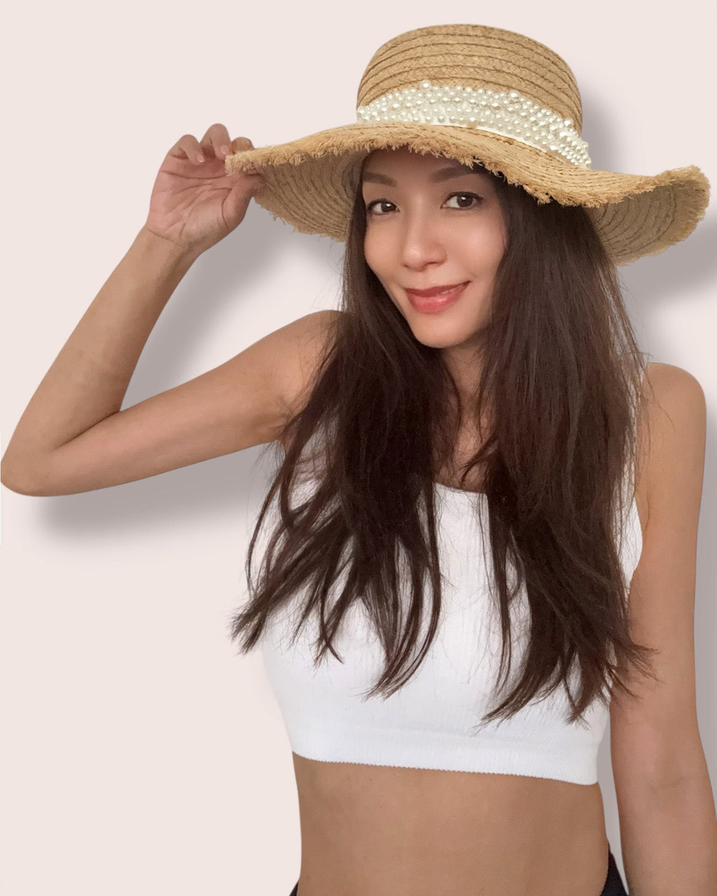 beige straw w/ pearls fadaro hat *pre-order*