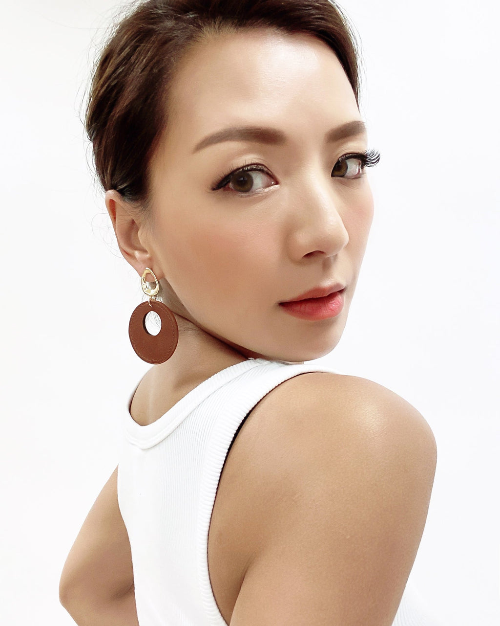 brown PU leather round earrings *pre-order*