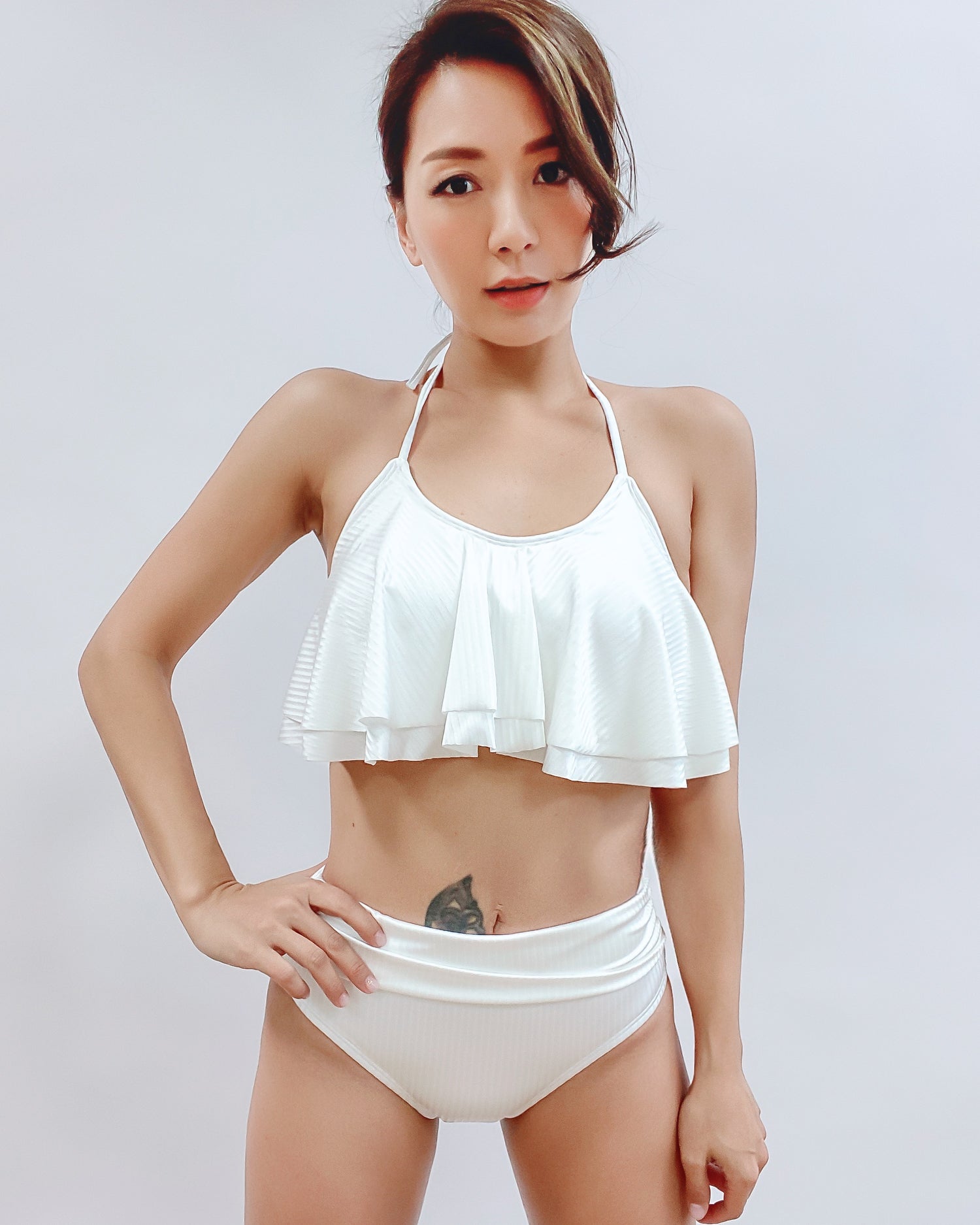 ivory stripes ruffles halter neck top & mid-rise bottom swimsuit *pre-order*