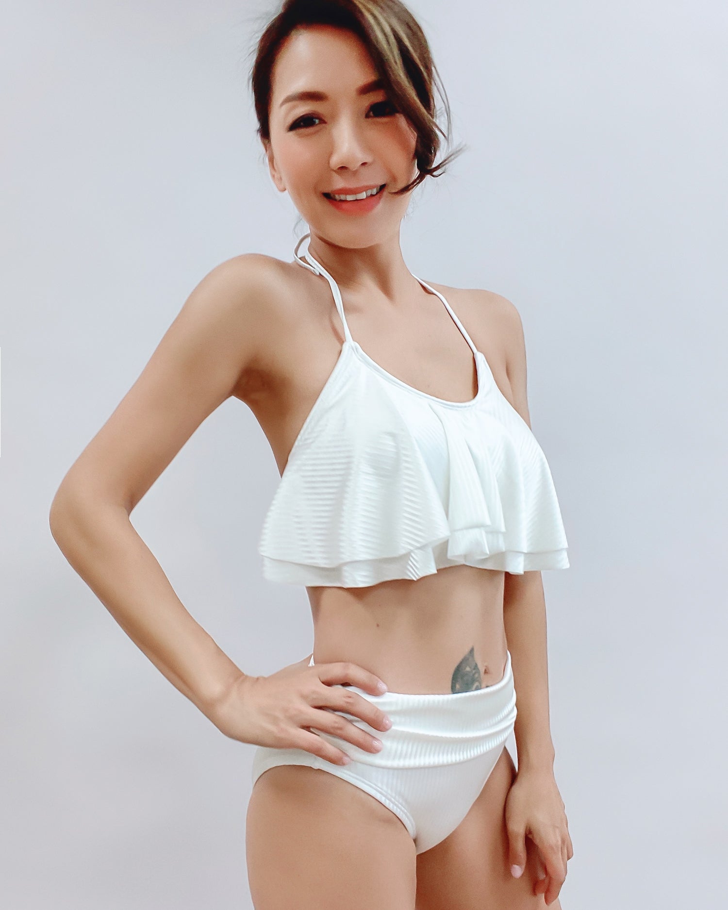 ivory stripes ruffles halter neck top & mid-rise bottom swimsuit *pre-order*