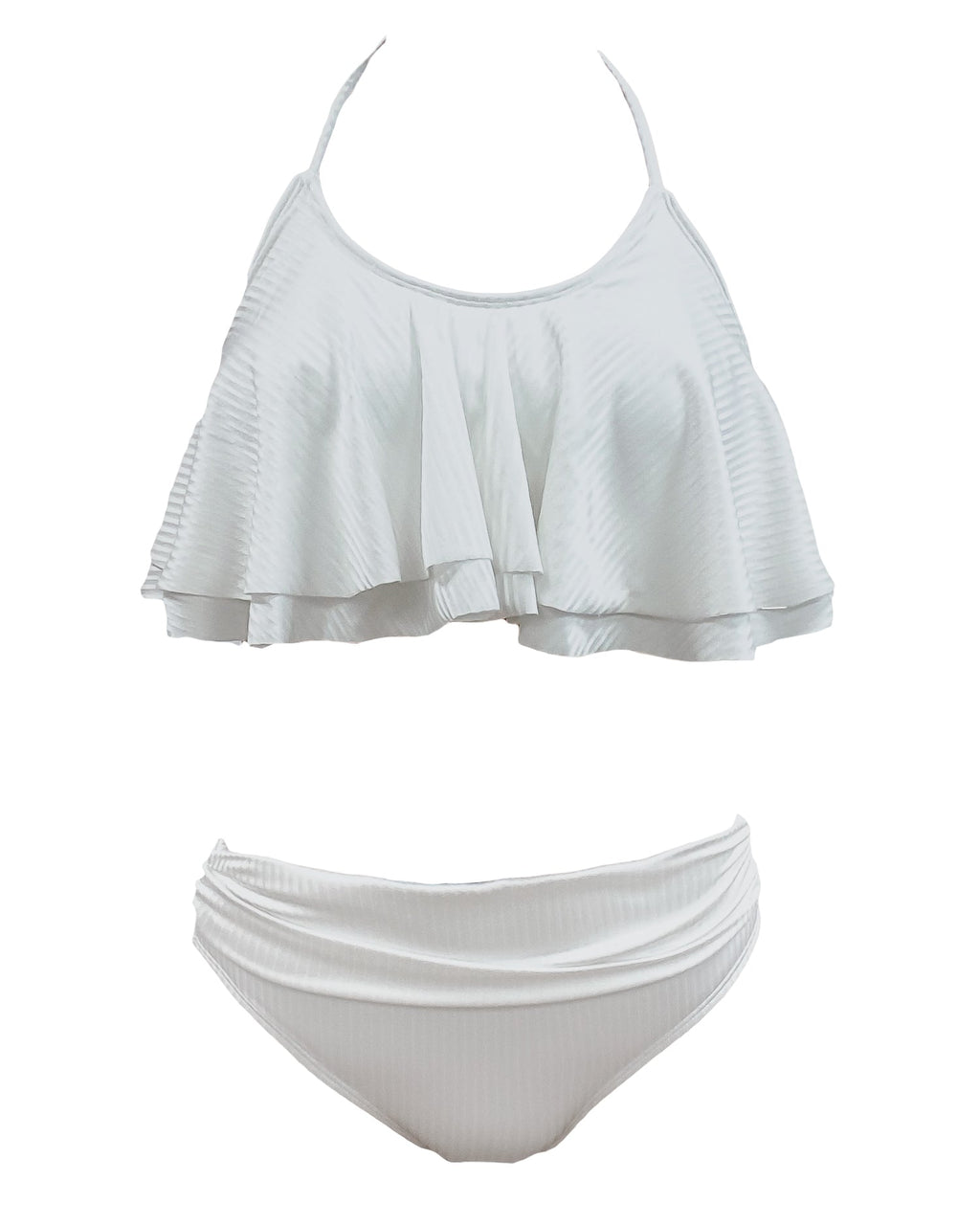 ivory stripes ruffles halter neck top & mid-rise bottom swimsuit *pre-order*
