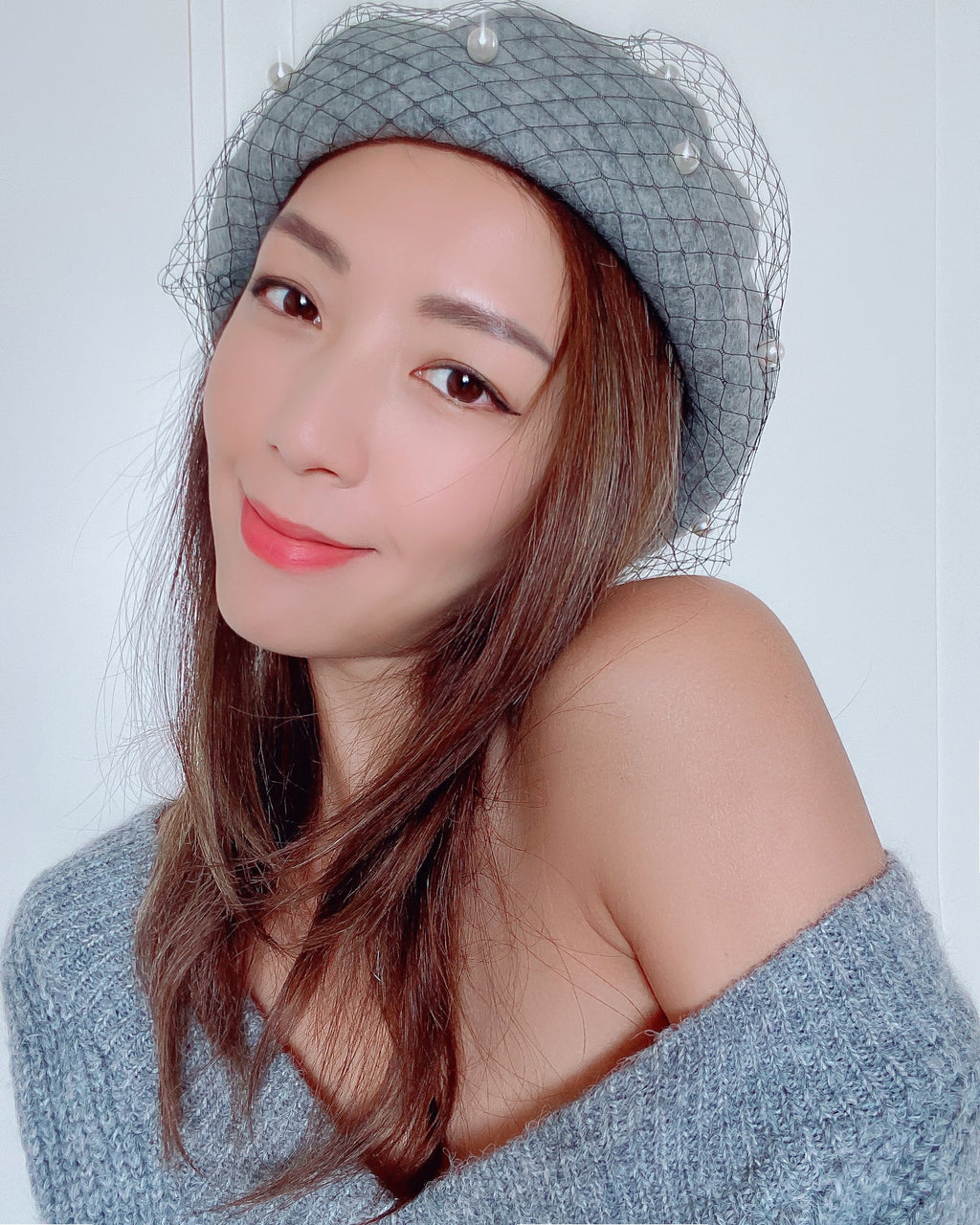 grey wool blended & black net pearls beret *pre-order*