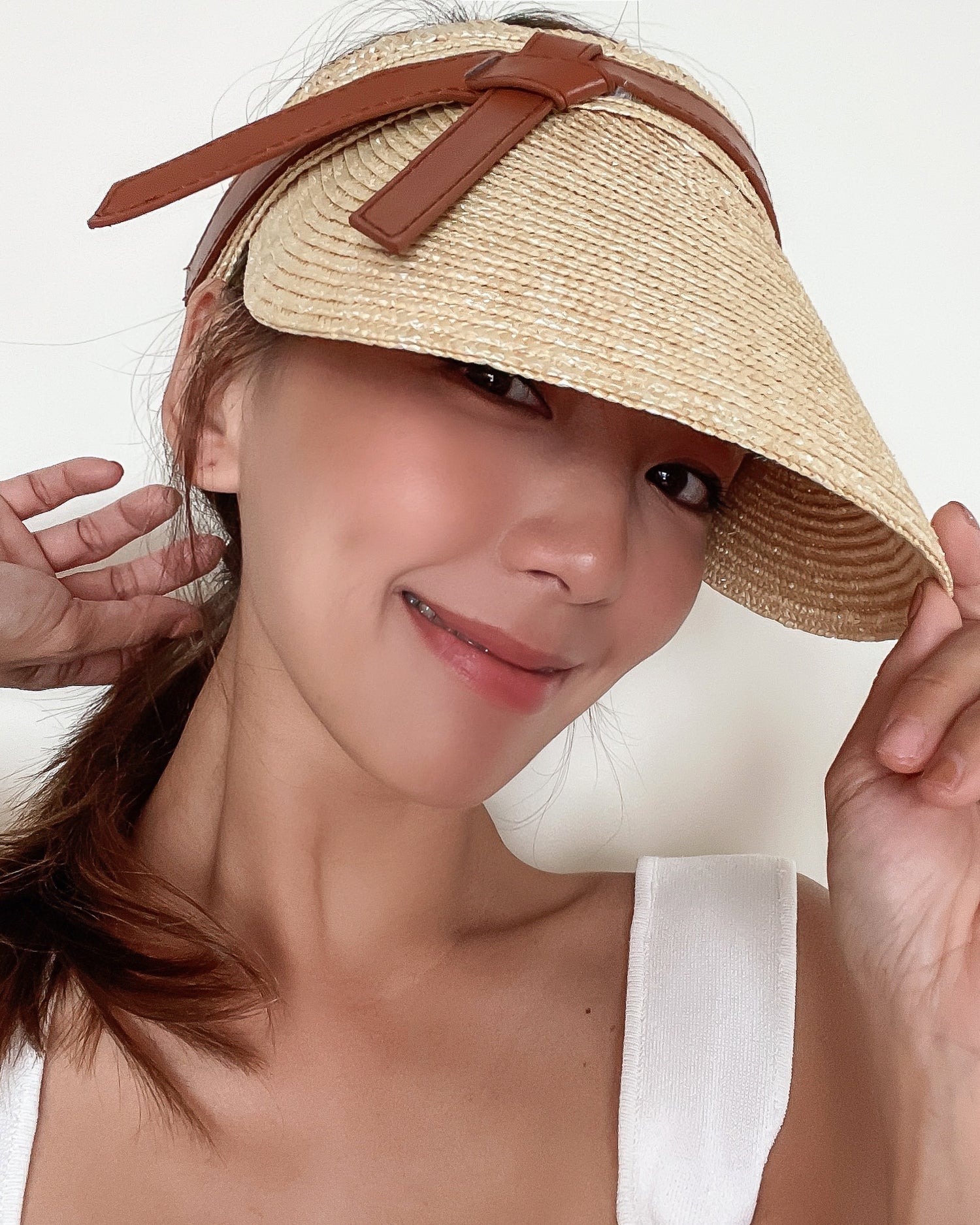 beige & PU brown leather tie straw visor hat *pre-order*