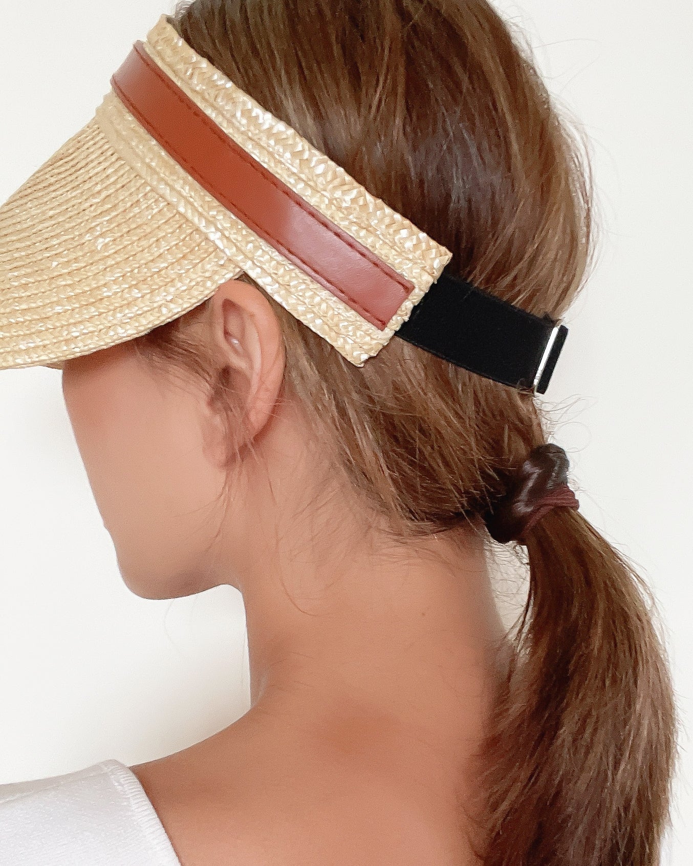 beige & PU brown leather tie straw visor hat *pre-order*