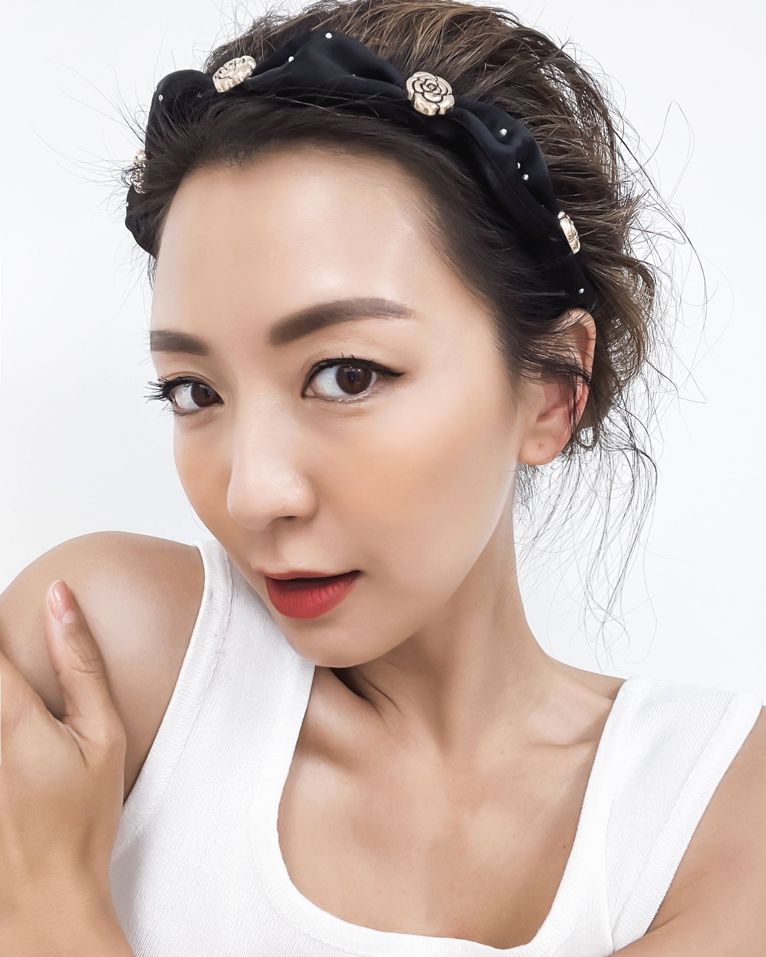 black studded fabric gold metal camilla flowers studded headband *pre-order*