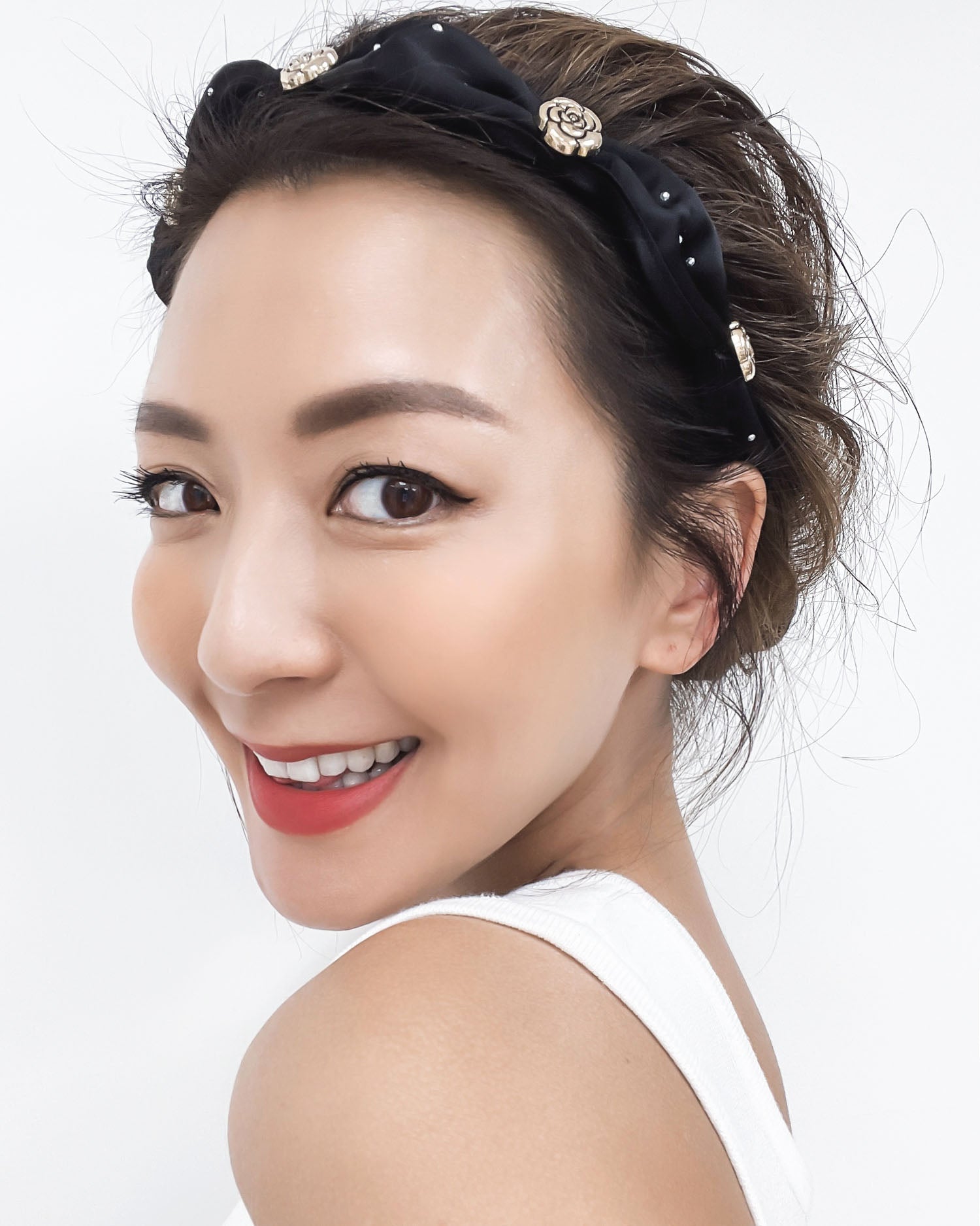 black studded fabric gold metal camilla flowers studded headband *pre-order*