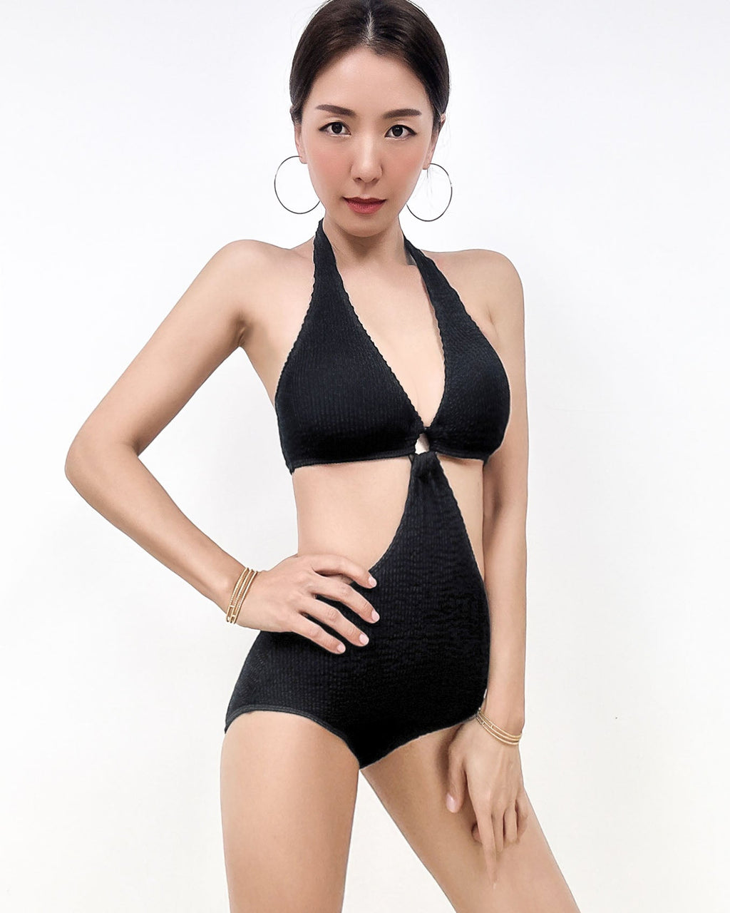 black plunge cutout texture one-piece swimwear *pre-order*