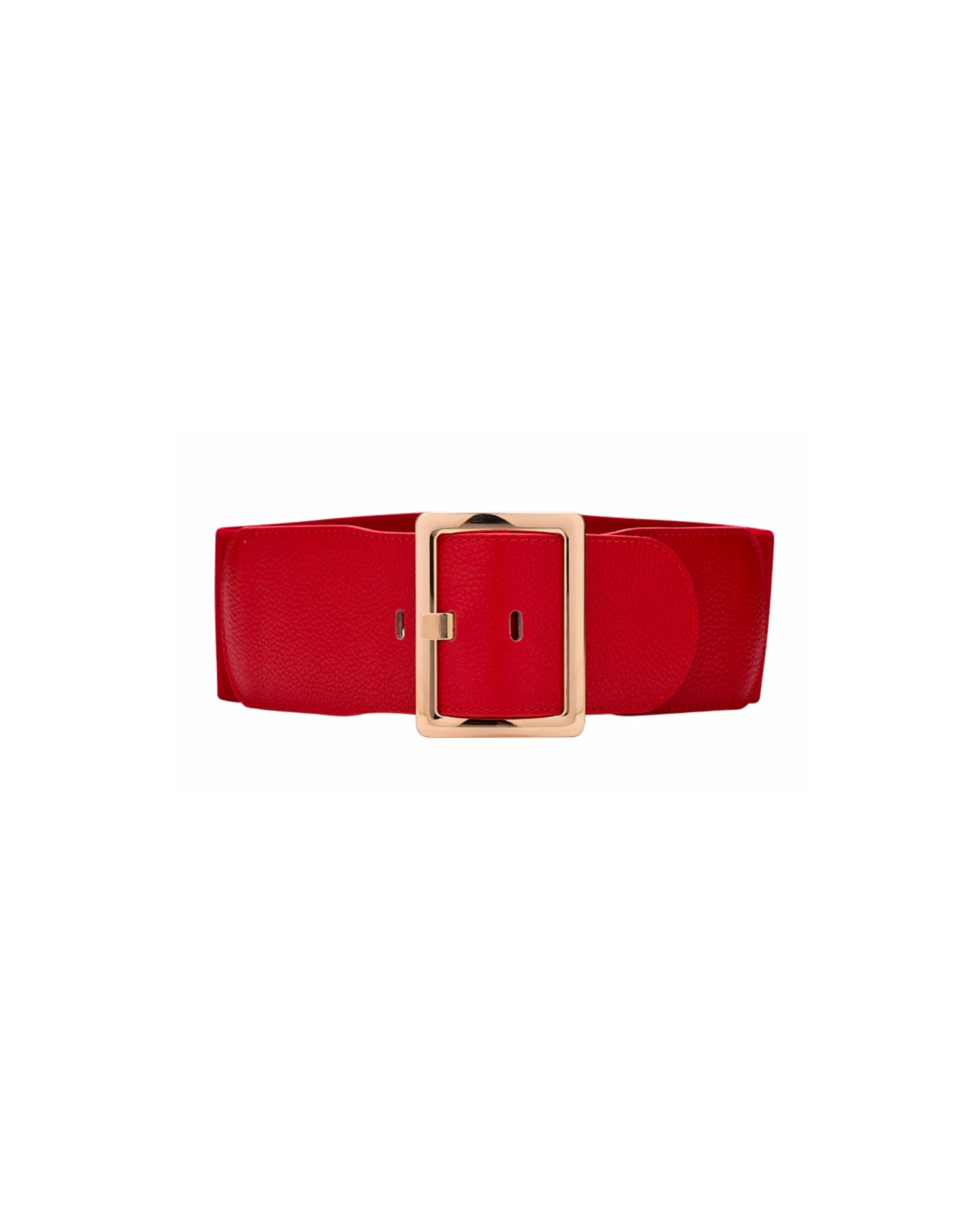 red soft leather stretch back gold buckle wide belt