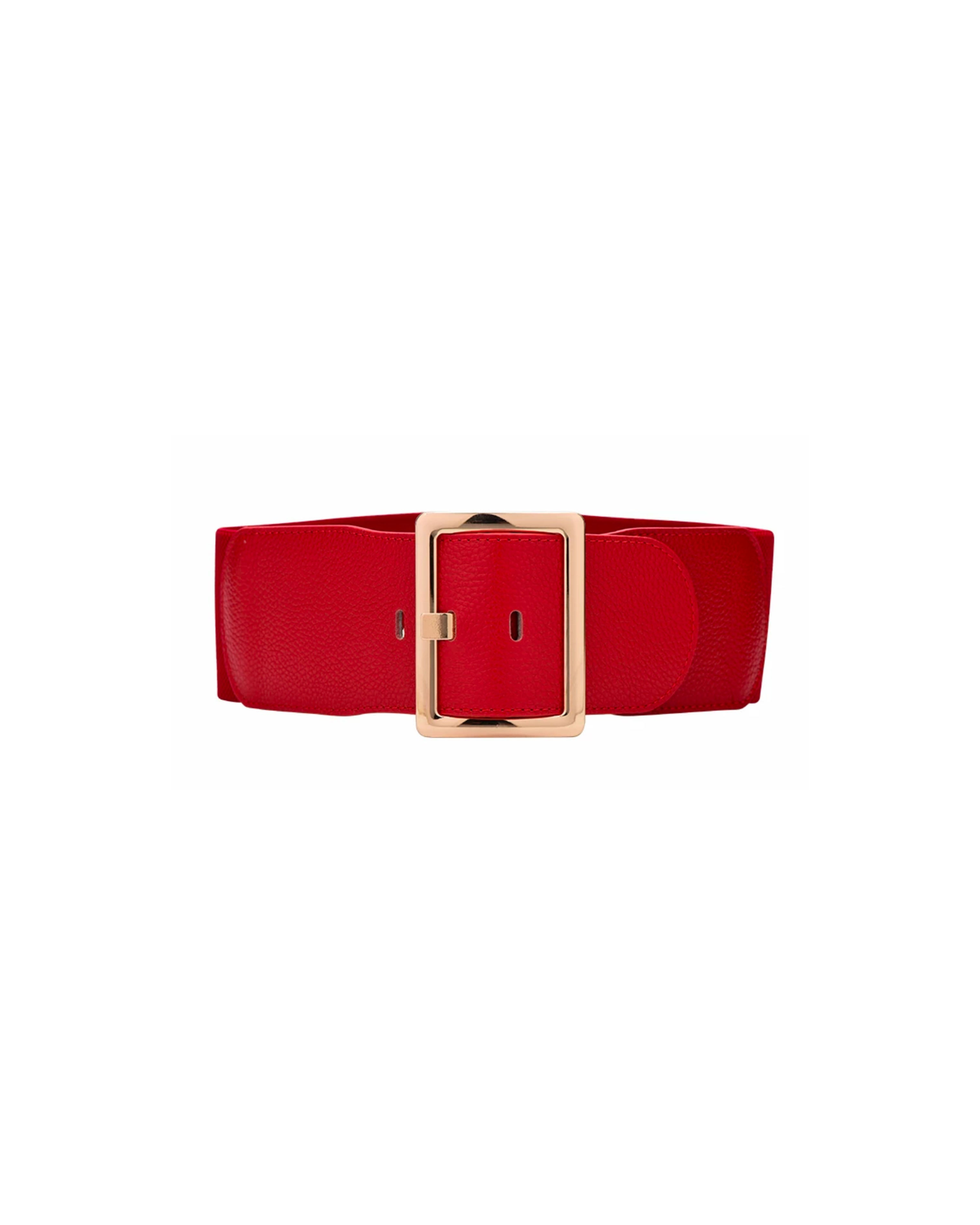 red soft leather stretch back gold buckle wide belt