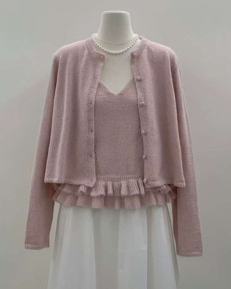 pink mohair ruffles hem slip w/ cardigan set *pre-order*
