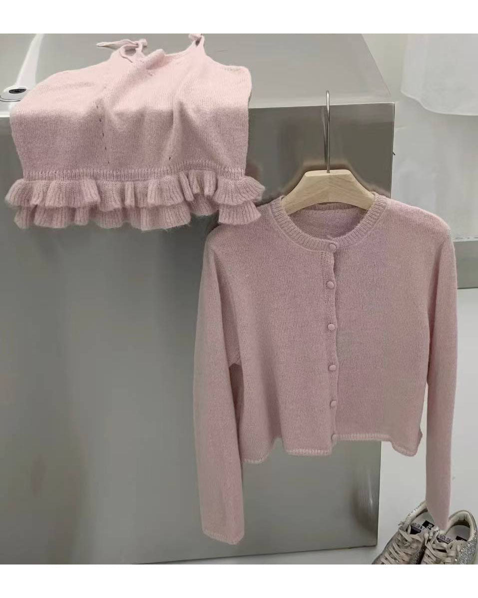pink mohair ruffles hem slip w/ cardigan set *pre-order*