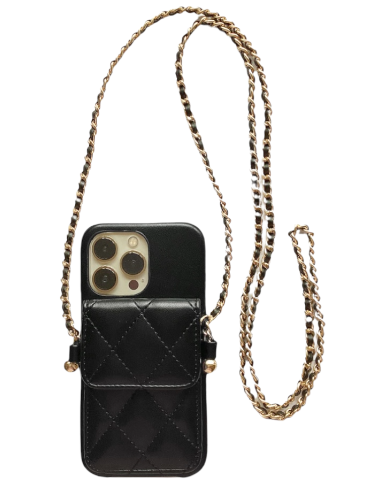 black PU leather quilted pocket cross body chain phone case *pre-order*