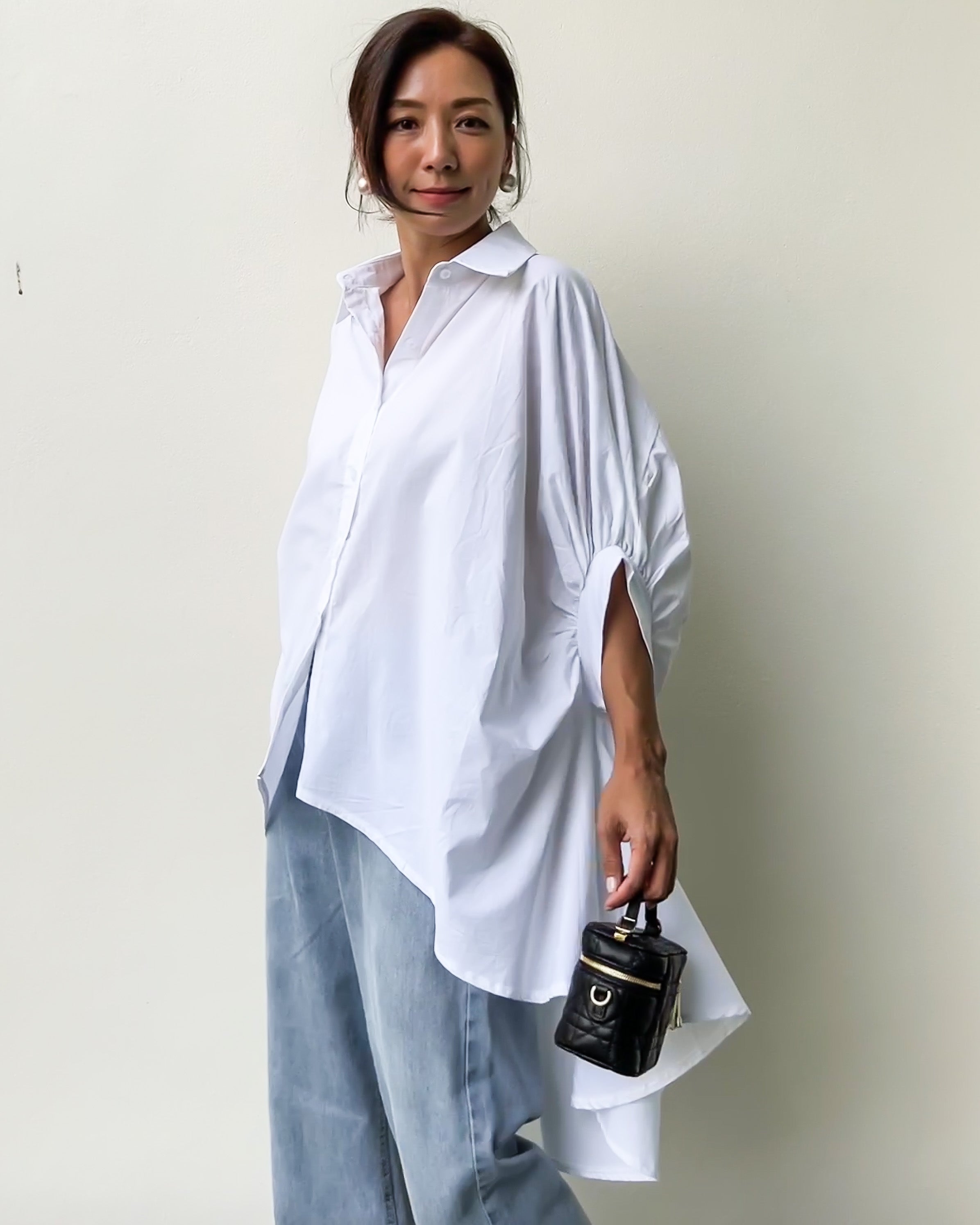 Ivory balloon sleeves asymmetric shirt *pre-order*