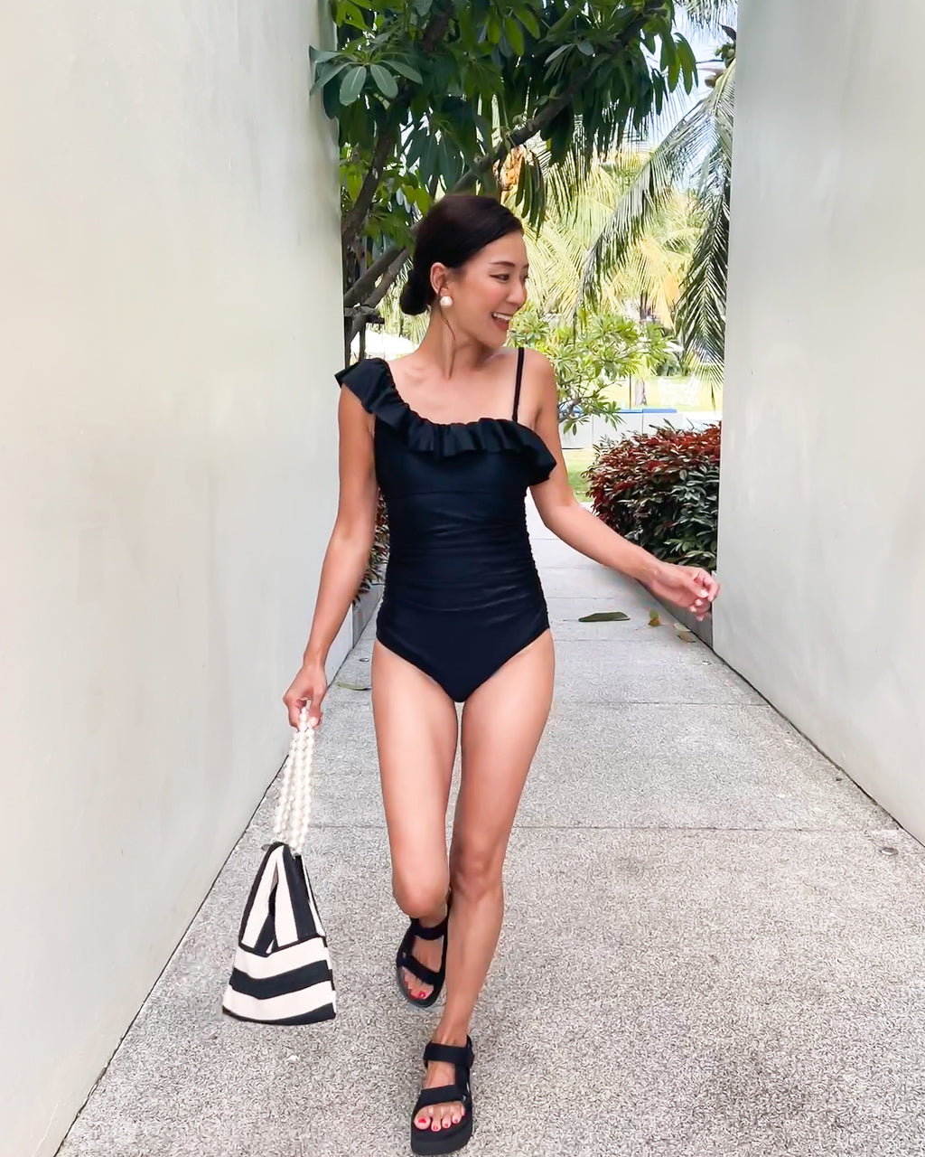 black ruffles & strap one piece swimwear *pre-order*