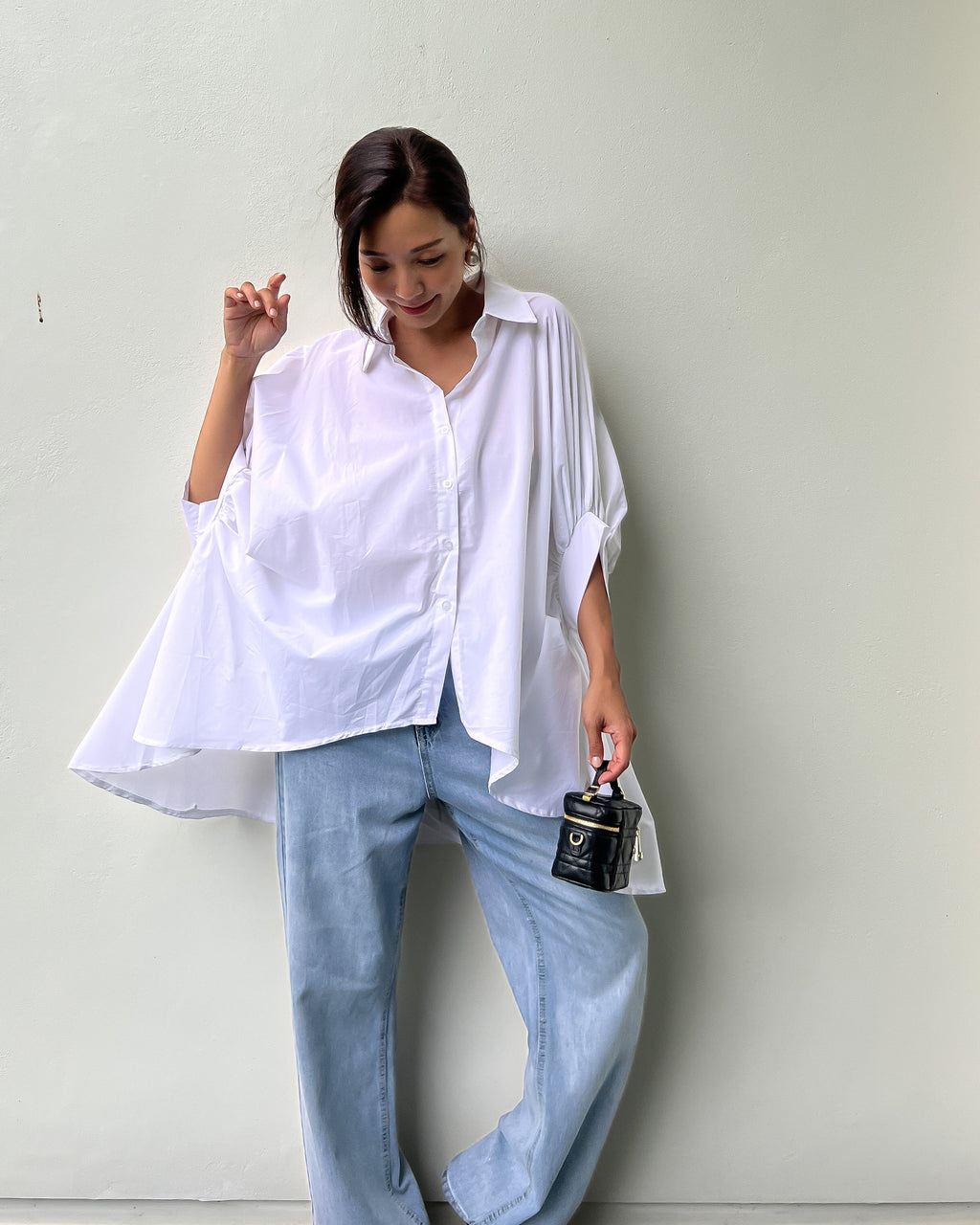Ivory balloon sleeves asymmetric shirt *pre-order*