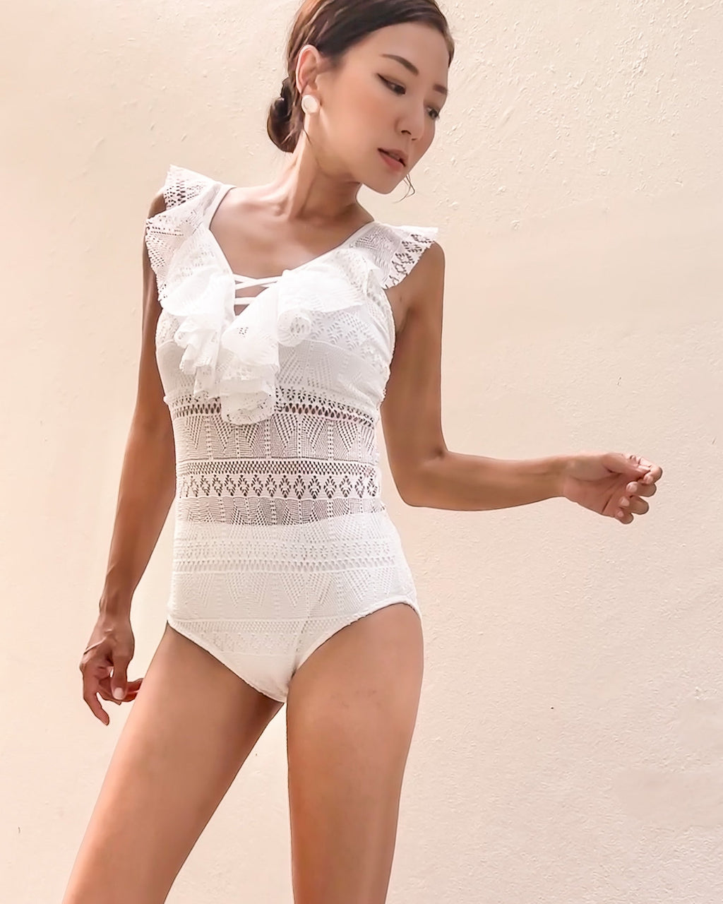 ivory crochet lace ruffles one piece swimwear *pre-order*